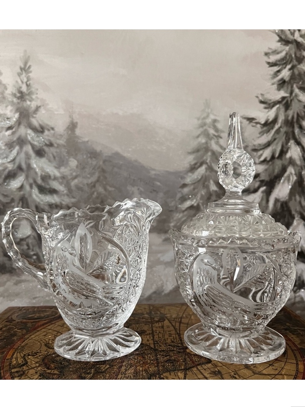Beautiful European Vintage Bleikristall bird-etched crystal creamer & sugar set